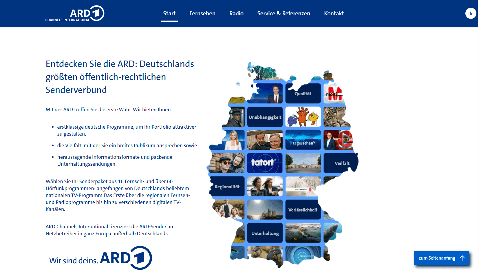 Die Startseite der Webseite der ARD Channels International wird dargestellt.  | Bildquelle: WDR mediagroup GmbH Die Startseite der Webseite der ARD Channels International wird dargestellt.